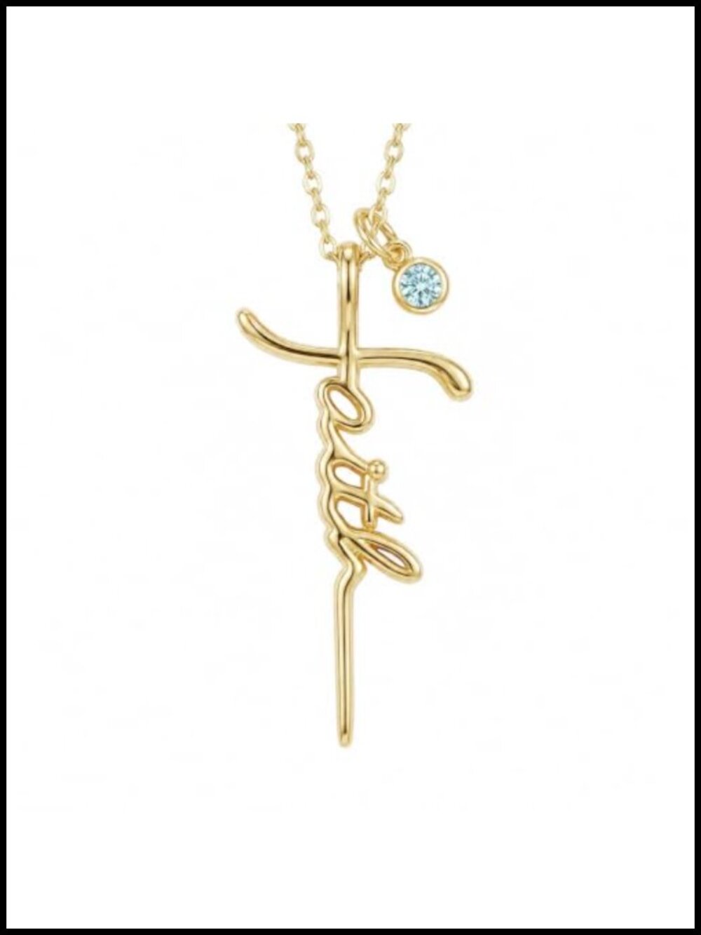 14K Gold Plated Faith Cross Birthstone Necklace Aquamarine Pendant